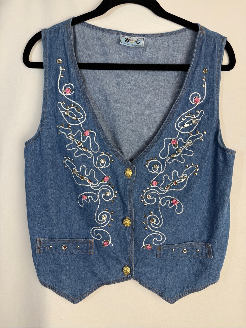 Vintage Senara USA Denim Vest Grandmacore Cottagecore Coastal Grandma Fairycore
